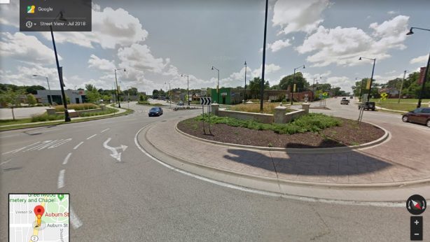 July 2018 Google street view of Main and Auburn roundabout in Rockford, IL
